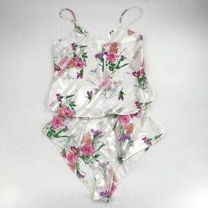 Lucie Ann White Floral Striped Cami Top Vintage Sleeveless 80s Lingerie Set Sz S